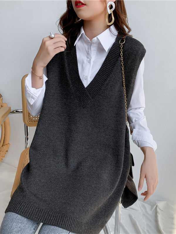 Sleeveless Split-side Color V-neck Knitted Vest