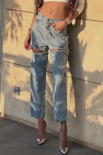Street Color Rhinestone Decor High Waist Denim Jeans