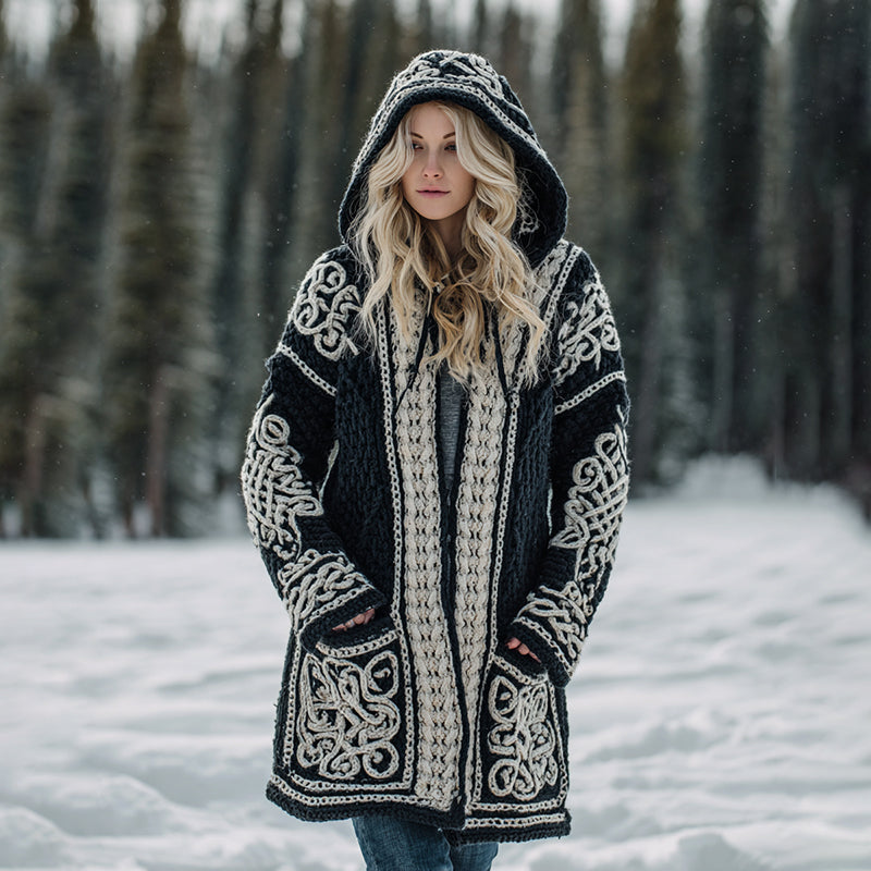 Women's Viking Celtic Knot Cozy Warm Knit Hooded Jacket artswardrobe