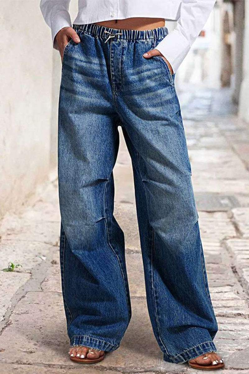Distressed Draw String Ruched Mid Waist Loose Denim Jeans