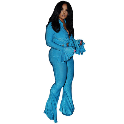 ’s Horn Long Sleeve Slim Fit Two Piece Suit Blouse Pants – Stylish and Outfit for