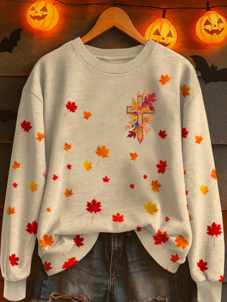Women's Autumn Maple Leaf Faith Print Crew Neck Sweatshirt artswardrobe