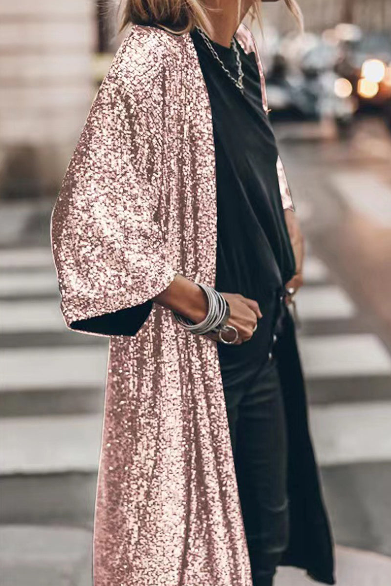 Street Sequins Sequined U Neck Outerwear