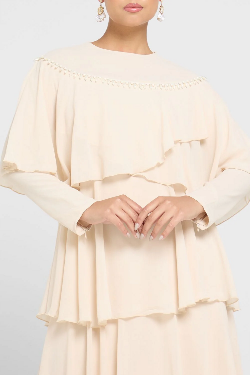 Long Sleeve Crew Collar Layered Maxi Dress White