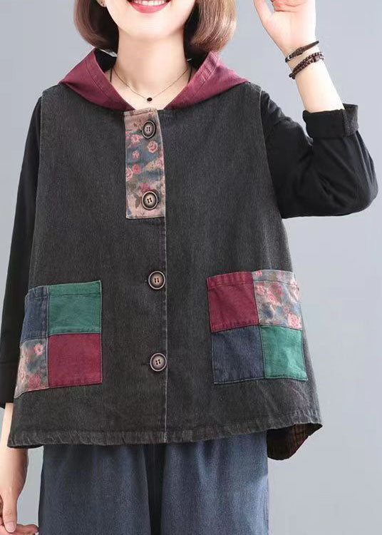 Blue Print Pockets Patchwork Denim Hoodies Vest Fall