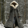 Comstylish Women's Viking Celtic Knot Knitted Jacquard Cozy Fur Trim Hooded Cardigan