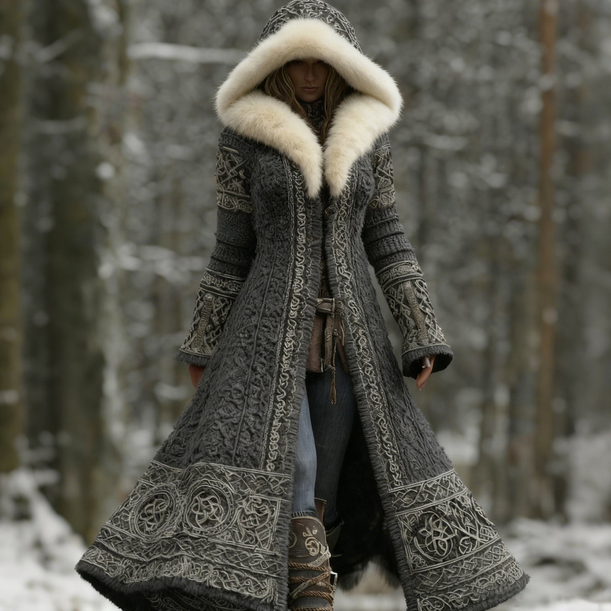 Comstylish Women's Viking Celtic Knot Knitted Jacquard Cozy Fur Trim Hooded Cardigan