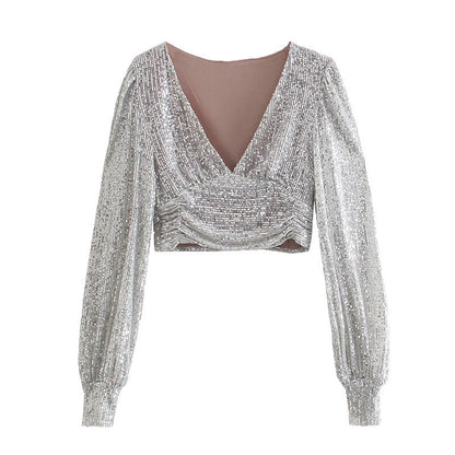Clothing Party Puff Sleeve Sequined Blouse Long Sleeve Top