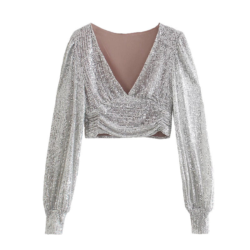 Clothing Party Puff Sleeve Sequined Blouse Long Sleeve Top