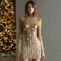 Comstylish Women's Christmas Gold Star Knit Jacquard High-neck Dress