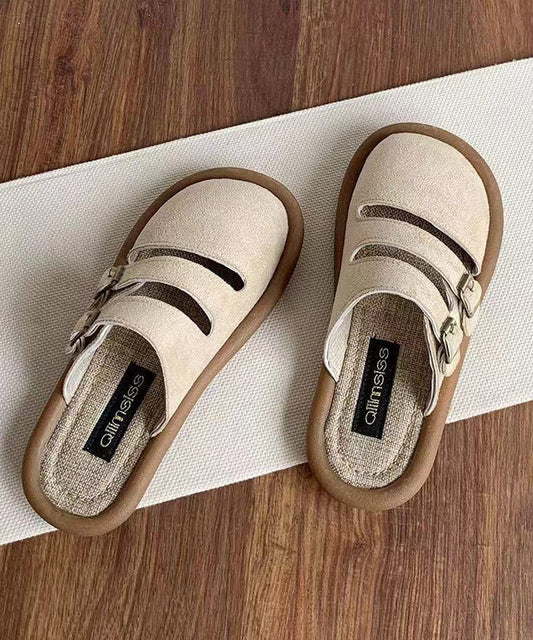 Handmade Comfy Hollow Out Beige Suede Slide Sandals Oi049