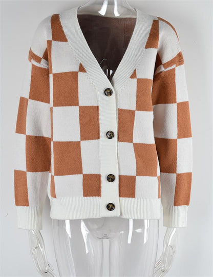 Autumn Winter Plaid Sweater Stitching Cardigan Top Knitted Coat Tide