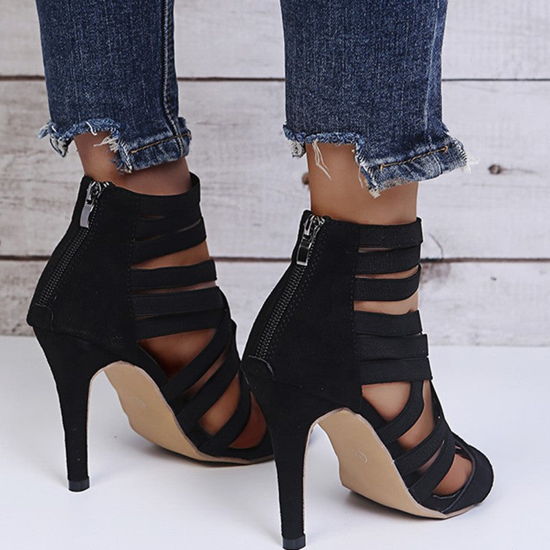 Hollowed Out Color Pointed Stiletto Sandals