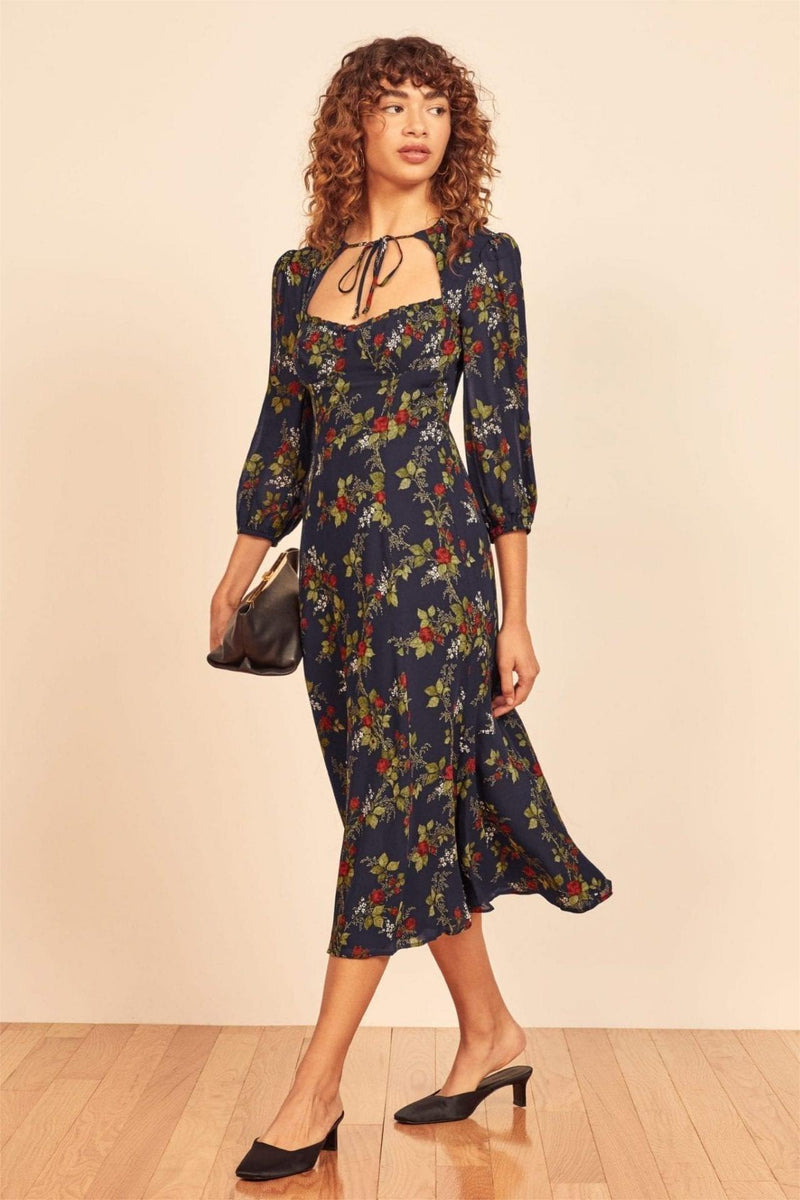 Long Sleeve Square Collar Lace Up Midi Dress