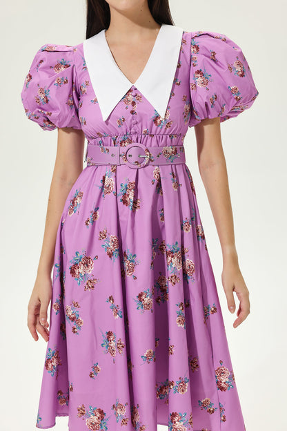Puff Sleeves V-neck Tapered Waist Midi Dress