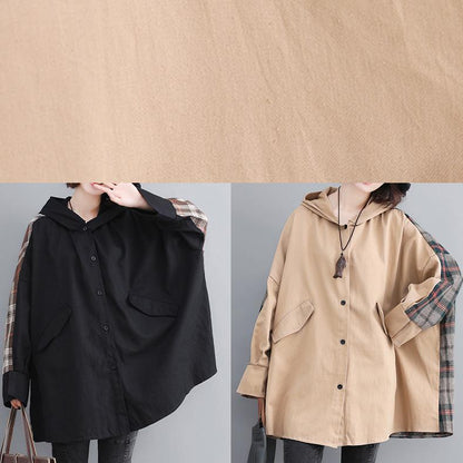 Classy Hooded Patchwork Tunic Coats Khaki Coats