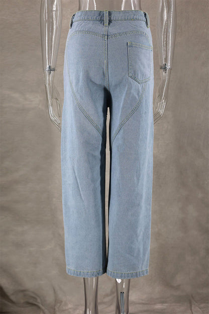 Street Color Rhinestone Decor High Waist Denim Jeans
