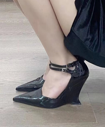 Black Splicing Buckle Strap Wedge Sandals Pointed Toe Oi023