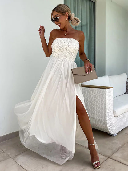 A-line Dress Ruffles Tulle High Slit Off the Shoulder Backless Party Maxi Dresses