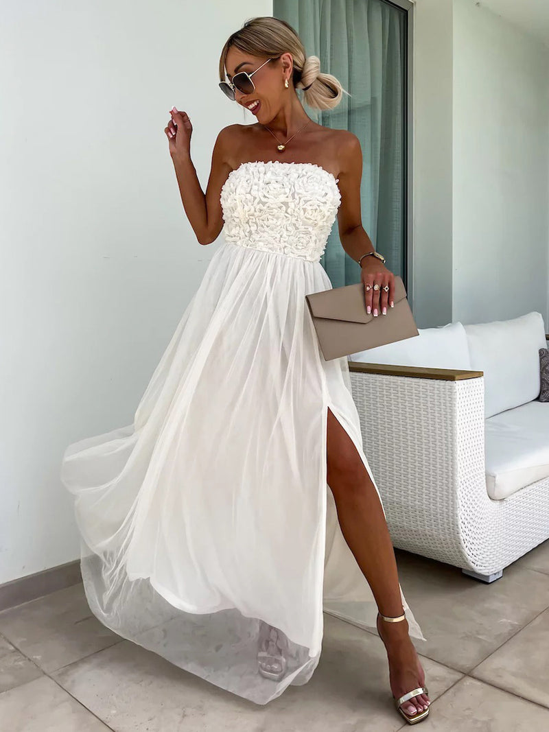 A-line Dress Ruffles Tulle High Slit Off the Shoulder Backless Party Maxi Dresses