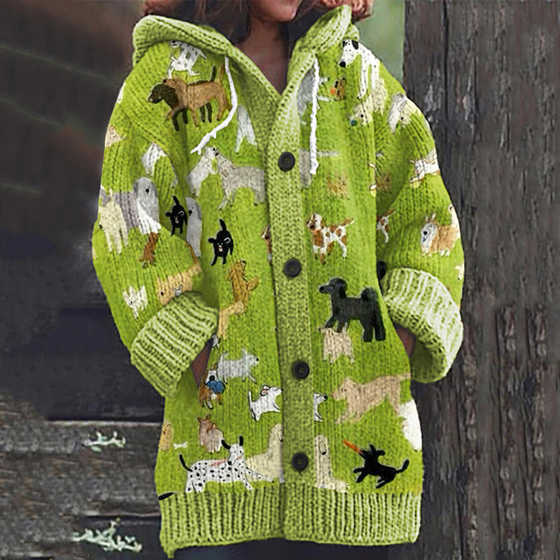 Comstylish Dog Print Knitted Hooded Cardigan
