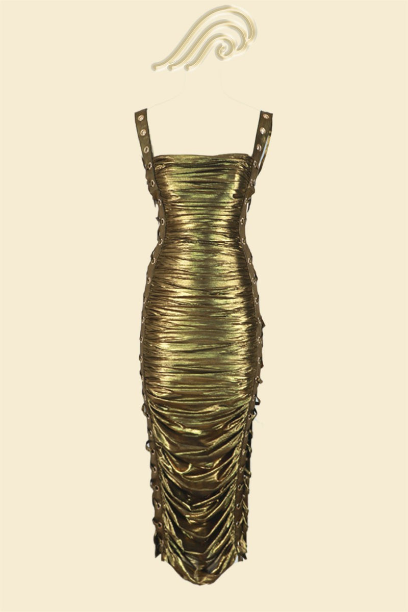 Alyssa Metallic Drawstring Gathered Midi Dress