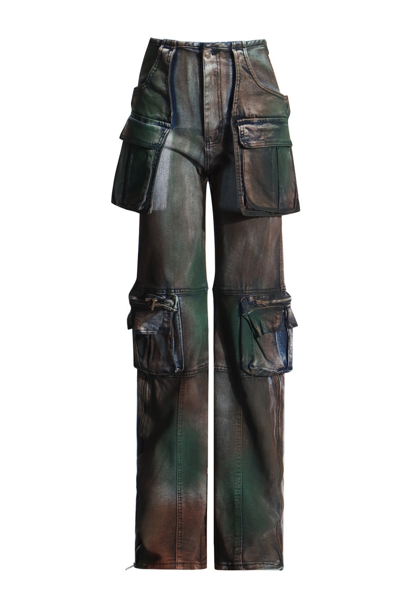 Patchwork Pocket High Waist Straight Denim Jeans