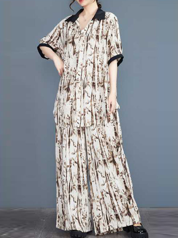 Half Sleeves High-low Buttoned Pleated Printed Split-side Lapel Blouses Top + Elasticity Pants Bottom Two Pieces Set