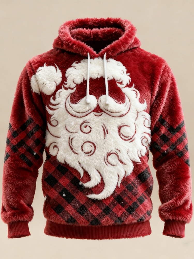 Comstylish Retro Santa Claus Design Men's Hooded Flannel Sweatshirt