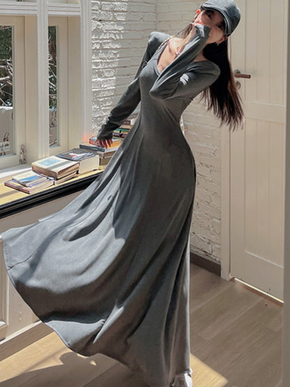 ‘s Maxi Dress Korean Long Sleeve V-neck Slim Fit A-line Autumn Spring Prom Robe Vestidos Mujer New