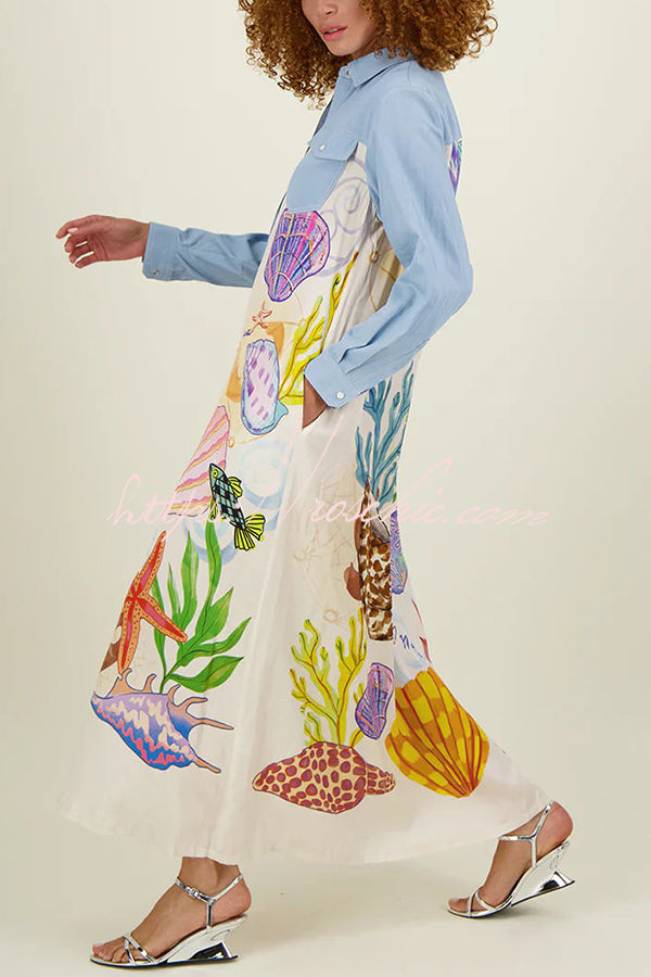 Take a Trip Marine Elements Unique Print Patchwork Pocketed Long Shirt Coat