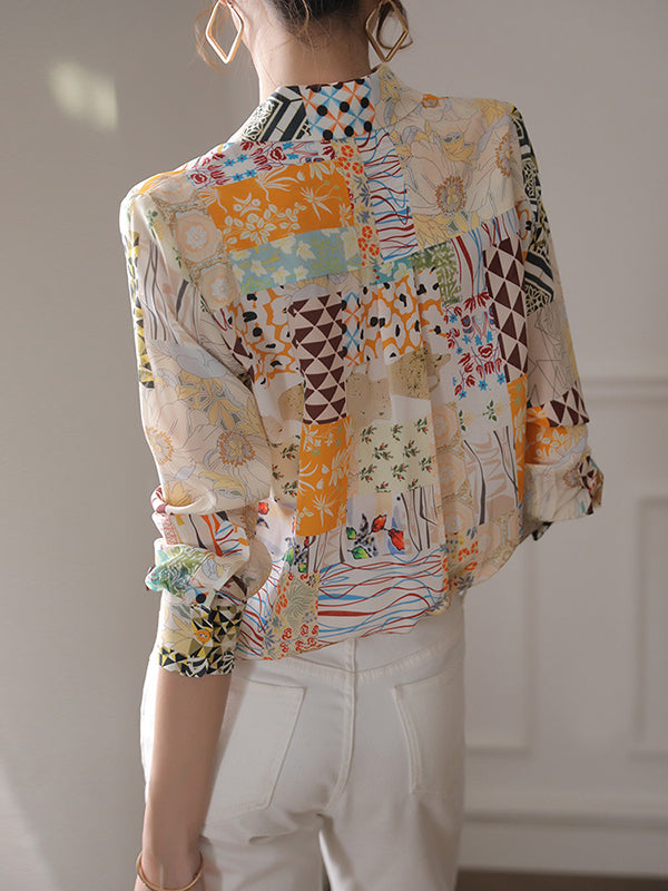 Long Sleeves Loose Buttoned Pockets Printed Lapel Blouses&shirts Tops