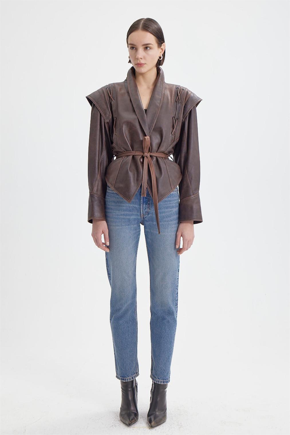 Pu Leather Flapped Coat With Belt