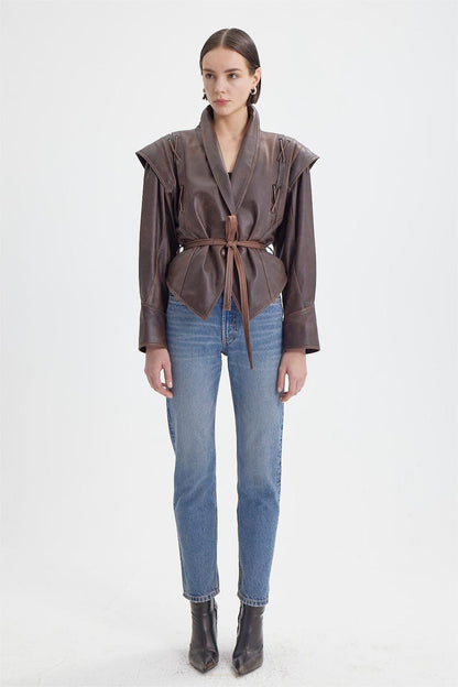 Pu Leather Flapped Coat With Belt