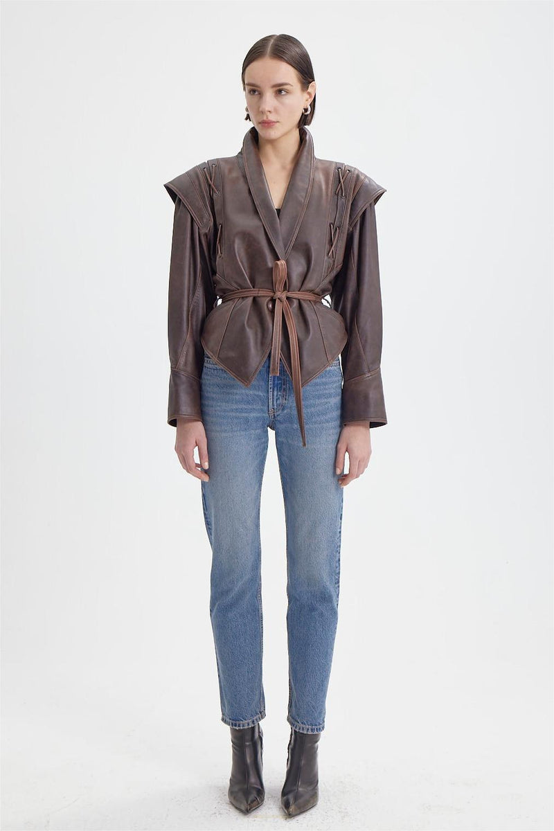 Pu Leather Flapped Coat With Belt