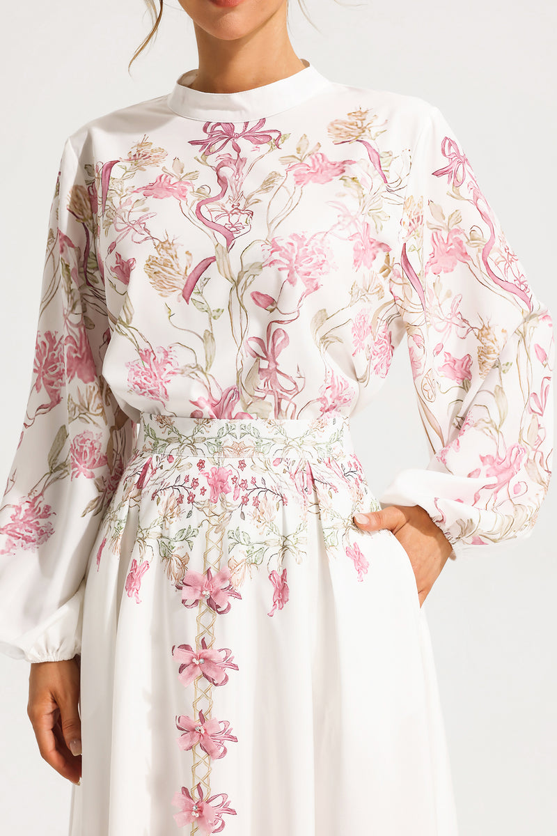 Puff Sleeve Top ?bow High Waist Maxi Skirt Set