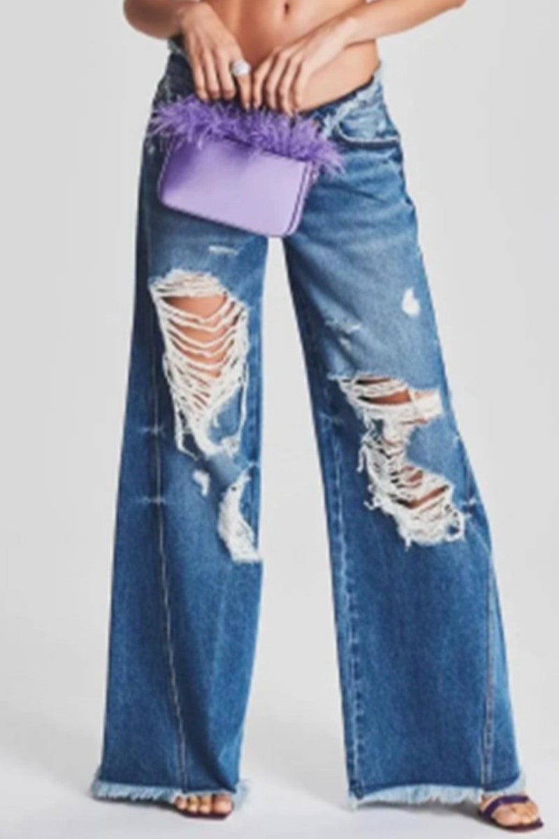 Ripped Patchwork Mid Waist Regular Denim Jeans (subject to the Actual Object)