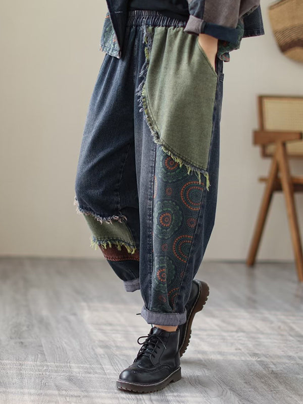 Contrast Color Fringed Split-joint Long Sleeves Printed Outwear + Harem Pants Two Pieces Set