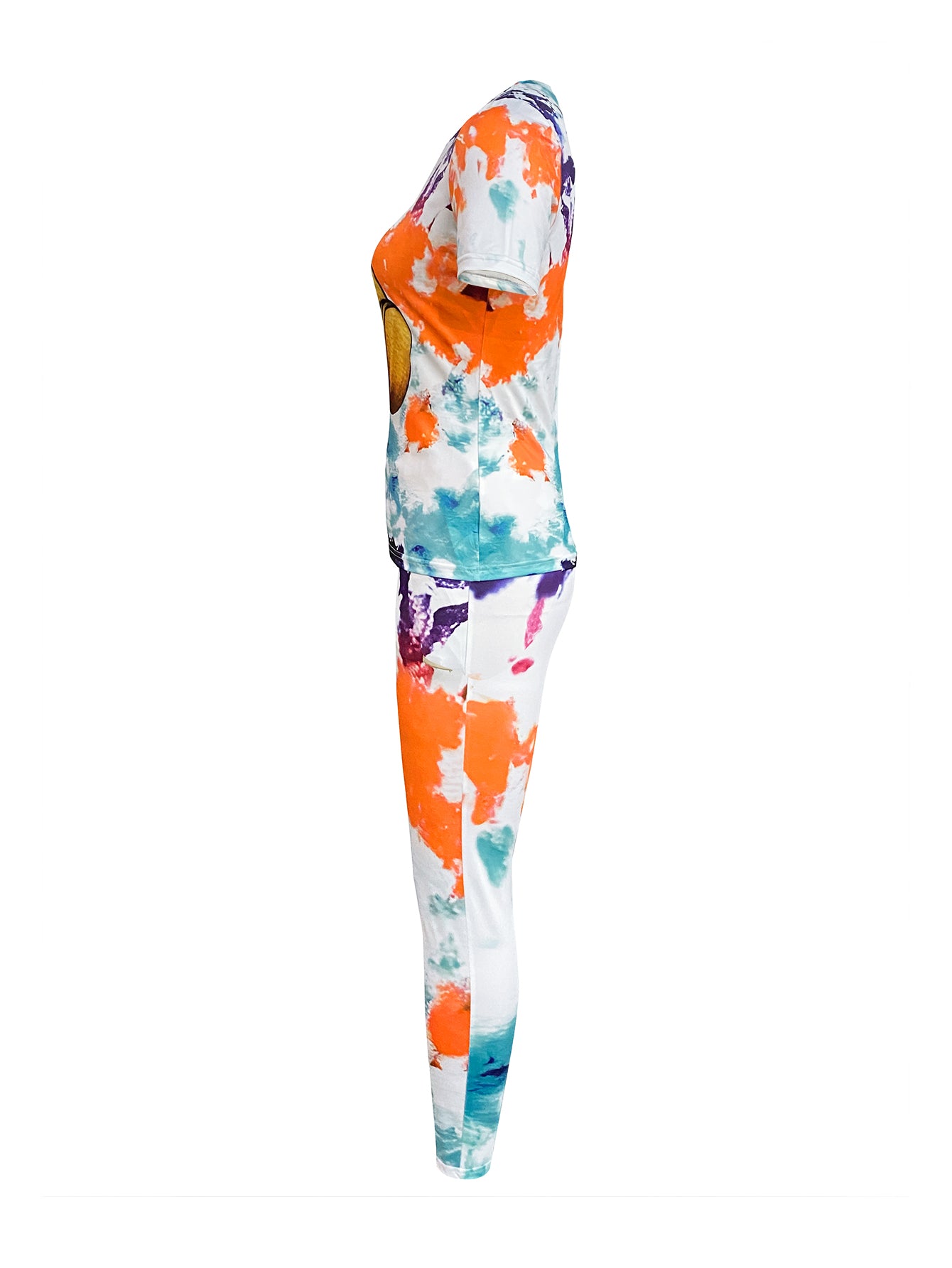 Teddy Bear Print Tie Dye Pants Set Spring Cartoon Short Sleeve Round Neck Two Piece Suit Daily Outfits Tracksuits
