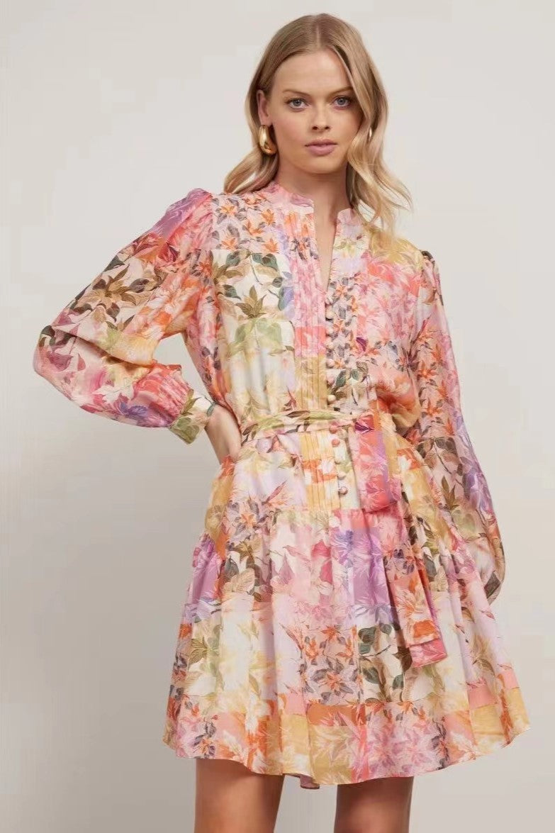 Pleat Single Breasted Lantern Sleeve Mini Dress With Belt
