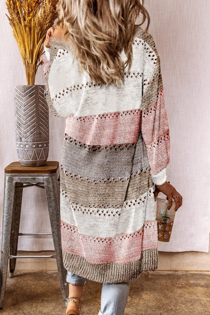 Patchwork Hollowed Out Cardigan Collar Outerwear