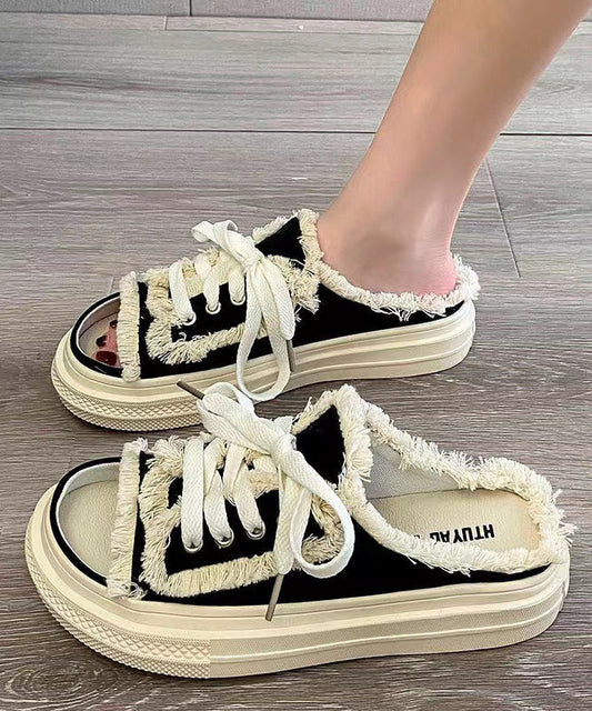 Black Platform Splicing Tassel Lace Up Slide Sandals Jj033