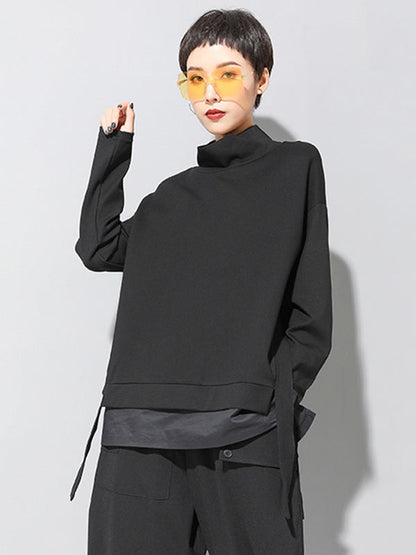 Black False-two Split-joint High-neck Sweatshirt T-shirt