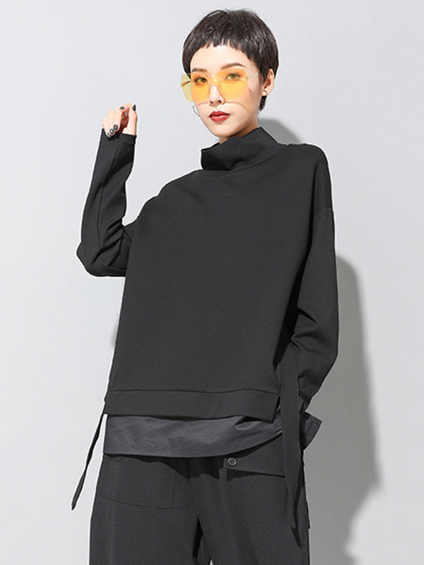 Black False-two Split-joint High-neck Sweatshirt T-shirt