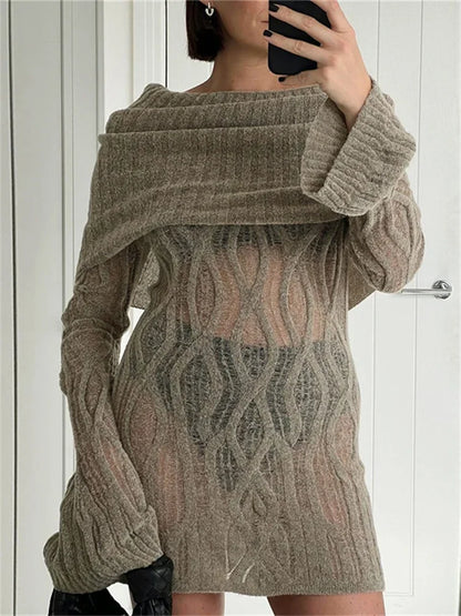 Tossy Knitwear Sweater Mini Dress See-through for High Waist Long Sleeve Loose Knit Dress Slim Dress