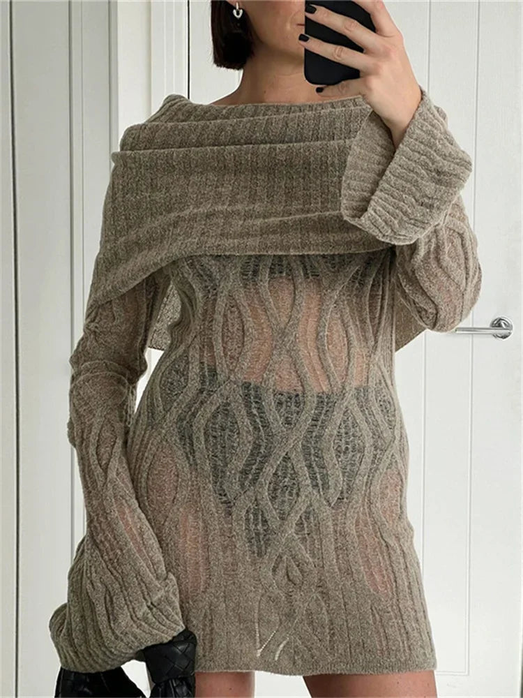 Tossy Knitwear Sweater Mini Dress See-through for High Waist Long Sleeve Loose Knit Dress Slim Dress