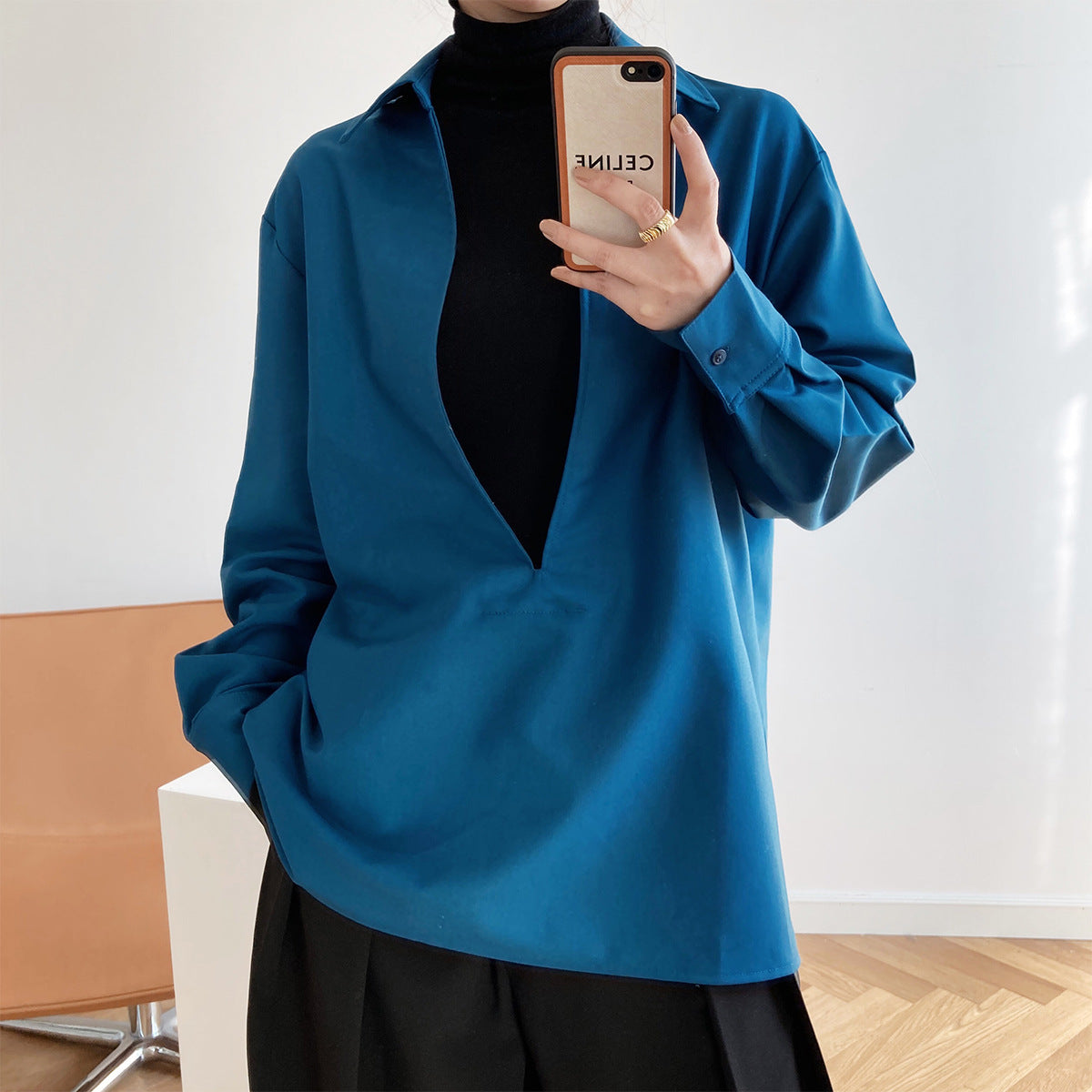 Autumn Young Long Sleeve V-neck Shirt Fashionable Outerwear Bandage Top