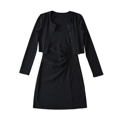 Pure Suit Autumn Winter Short Slim Long Sleeve Cardigan Inner Wear Pleated Cami Dress
