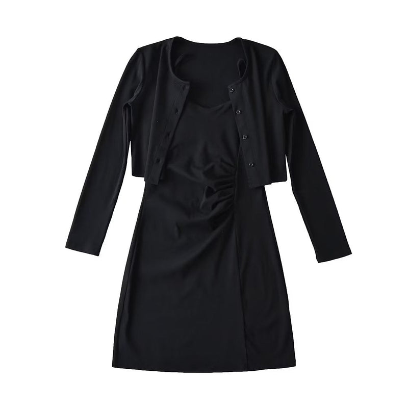 Pure Suit Autumn Winter Short Slim Long Sleeve Cardigan Inner Wear Pleated Cami Dress
