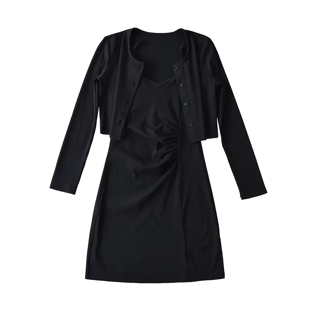 Pure Suit Autumn Winter Short Slim Long Sleeve Cardigan Inner Wear Pleated Cami Dress